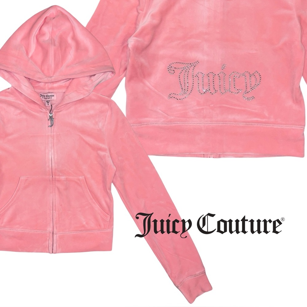 Juicy Couture Y2K Pink Bling Rhinestone Logo Velour Zip Tracksuit Hoodie Size S